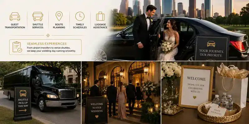 Wedding couple, luxury sedan, guest shuttle, venue welcome signs, and transportation icons illustrating seamless Houston wedding guest logistics.